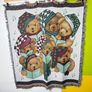 Christmas Tapestry Teddy Bear Blanket Chorus Musical Throw American Weavers